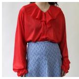 80s Red Sheer Stripes Blouse with Ruffle Neck