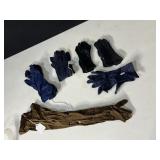 VINTAGE GLOVES, BROWN SILK, BLUE, BLACK