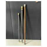 3 WALKING STICKS, 1 BRASS TOP, 1 METAL TOP, 1