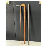 3 WALKING STICKS, 1 METAL HANDLE, 1 CARVED WOOD