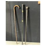 3 WALKING STICKS, METAL BANDED, NOBBY WOOD, BALL