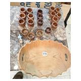 OVAL WOOD BOWL, WOOD NAPKIN RING TWO SETS 12