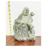 JADE CARVED LUOHAN BUDDHIST FIGURINE 9"H WOOD