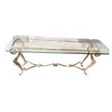 IRON BASE TABLE W/ THICK ROUNDED EDGE GLASS TOP
