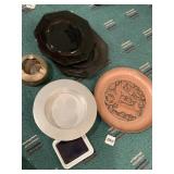 COPPER STAMPED PLATE, 2 BLACK GLASS PLATES, BRASS