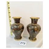 TWO ENAMELED VASES 5 1/4 INCH WIDE