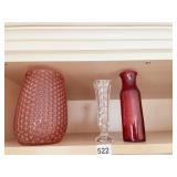 THREE VASES INCLUDING 8 INCH RED, BUBBLE GLASS
