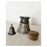 SILVER TONE BELL, POTTERY INK WELL