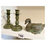 BRASS CANDLESTICKS AND WOLEN METAL SWAN BOX