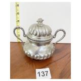 PEWTER DOUBLE HANDLED SUGAR BOWL DENT ON TOP AND