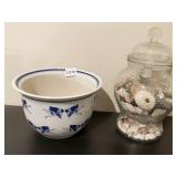 CHERUB PLANTER AND GLASS JAR FULL OF SEASHELLS