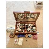 WOOD CARVED TOP BOX WITH SEWING SUPPLIES MIRRORED