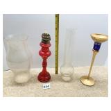 TWO LAMP SHADES RED GLASS OIL LAMP 10" H W/ CROWN
