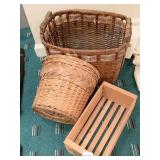 WICKER BASKET, PLANTER & SM WOOD CRATE