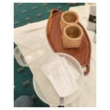 WOODEN TRAY, SMALL WICKER BASKET AND PLASTIC