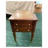 MAHOGANY LEATHER TOP TABLE 2 DRAWER W/ PORCELAIN