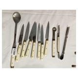 VINTAGE KNIFES, TONGS, ZESTER & 8 KNIVES