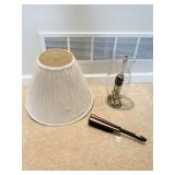 HURRICANE GLASS SHADE, AND BRASS CANDLESTICK LAMP