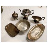 SILVER PLATE TEAPOT, CRAMER, GRAVY, DISHES