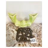 CAST IRON TRIVET, CERAMIC DOUBLE VASE