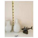 TWO WHITE VASES AND SHARK METAL FIGURE ON