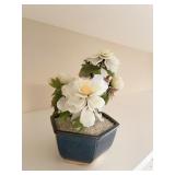 JADE GLASS FLOWER BONSAI TREE BLUE CERAMIC POT 7"