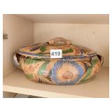 MEXICO POTTERY CASSEROLE HAND PAINTED 15" D W/