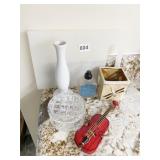 DRAGONFLY CERAMIC DISH, ROUND GLASS BOX, BUD VASE