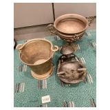 COPPER PAIL, WOOD MAN ASHTRAY, HANDLED URN