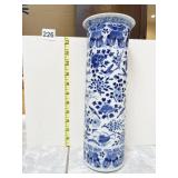 CHINESE BLUE AND WHITE CYLINDRICAL VASE WITH BIRD