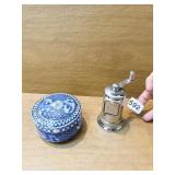 CHINESE TRINKET BOX 3.5" D AND PEPPER GRINDER