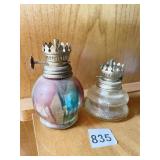 2 SMALL OIL LAMPS ONE W/ DRIPPING PAINT DESIGN