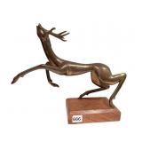 MCM BRASS LEAPING DEER SCULPTURE MOUNTED ON WOOD