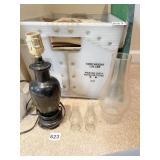 WOOD LAMP AND 2 GLASS SHADES