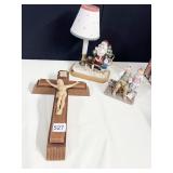 SANTA LAMP, NORMAN ROCKWELL FIGURINE, WOOD CROSS