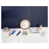 CLOCK, TIN, SQUARE PLATE, PLASTIC CAR, ETC.