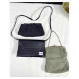 SUEDE GREEN PURSE, BLACK PATTON LEATHER CLUTCH