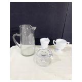 GLASS WATER PITCHER, HOBNAIL CREAMER/SUGAR,