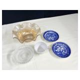 RUFFLED EDGE BOWL, 2 ALLER TOWN SAUCERS, ETC.