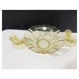 VINTAGE BOWL & 2 CANDLE STICKS, YELLOW GLASS