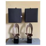 PAIR OF ART NOVEAU METAL LAMPS WITH BLACK SHADES
