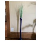 THREE-FOOT-HIGH BLUE GLASS VASE WITH ARTIFICIAL