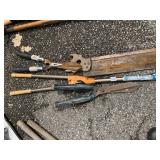 TWO HANDLED HEDGE CLIPPERS, MITER SAW & LONG