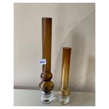 TWO FLUTED TUBE BROWN GLASS VASES 12" & 17"