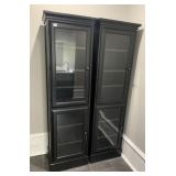 TWO BLACK STORAGE CABINETS WITH GLASS DOORS IDEAL