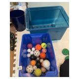 BIN W/ WIFFLE BALLS, TENNIS, PLASTIC GOLF BALLS,