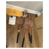 4 BADMINTON RACKETS, BIRDIES, TIE DOWN