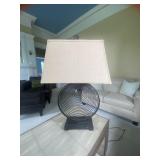 CIRCLE IRON BASE LAMP W/ BEIGE SHADE