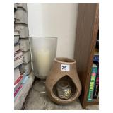 FOOTED PILLAR CANDLE HOLDER AND POTTERY CHIMINEA