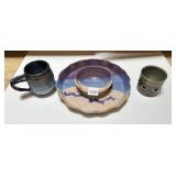 SIGNED POTTERY CHIP/DIP, CANDLE HOLDER AND MUG